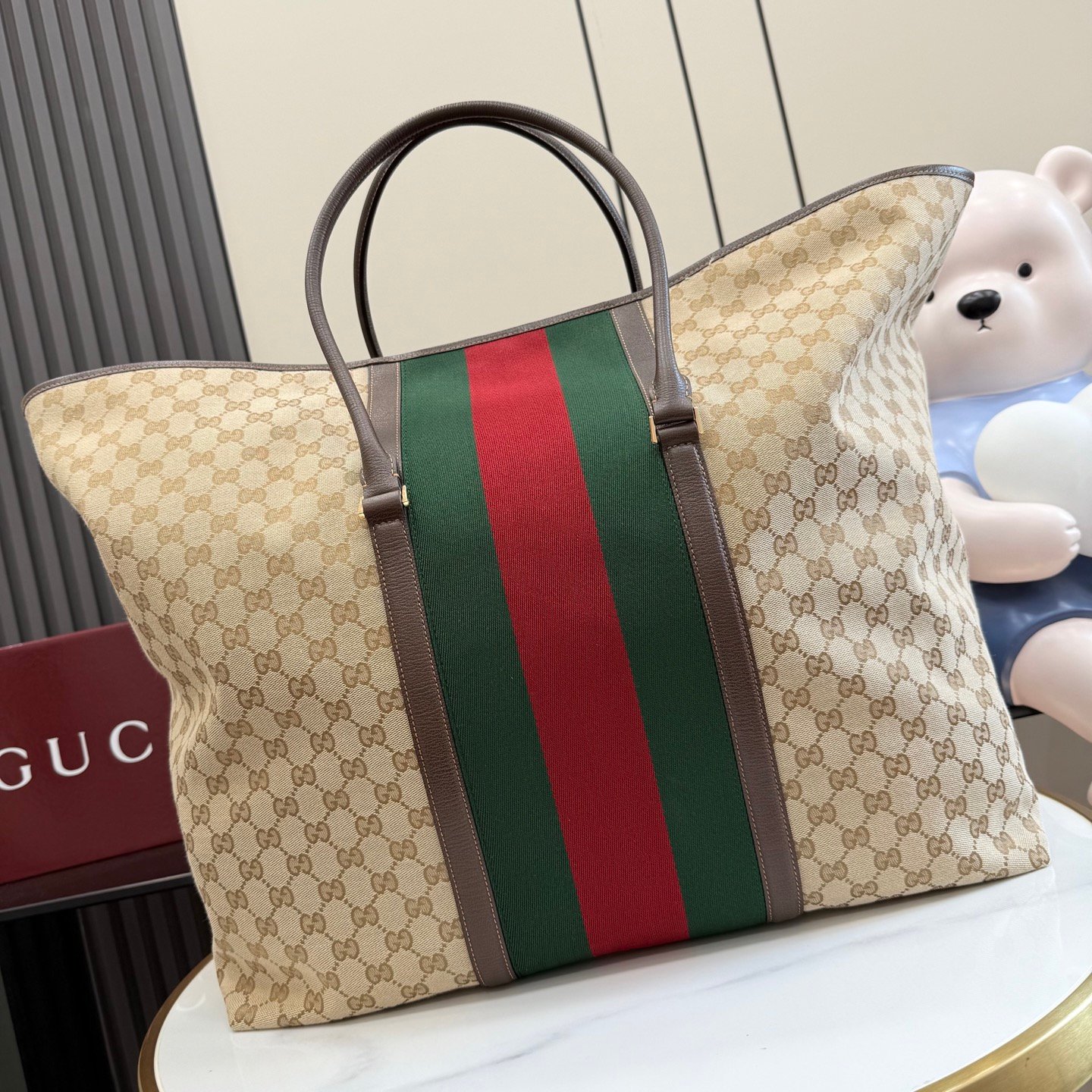 Gucci Beige GG canvas with green-red-green stripe large tote everyday