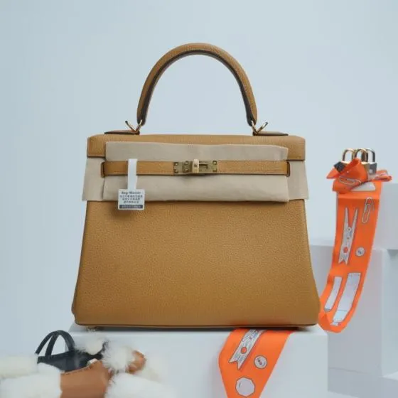 Hermes Kelly Gold Brown Togo leather shoulder AAA Quality Replica