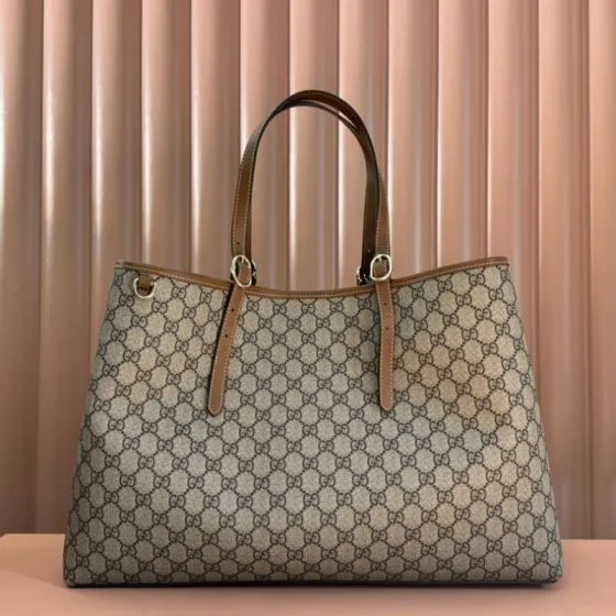 Gucci GG Emblem GG Supreme beige ebony with brown leather trim tote Premium Replica