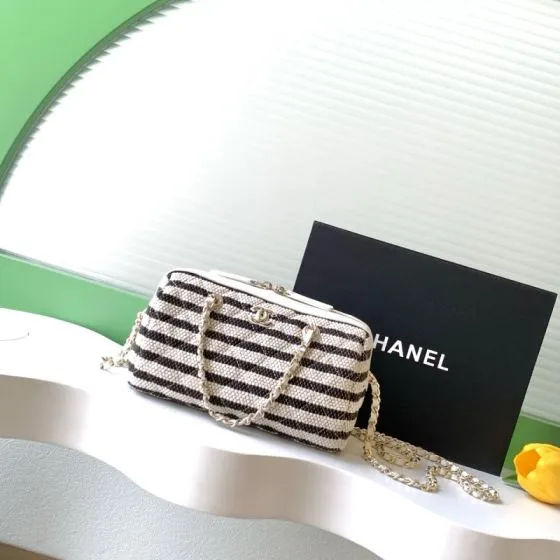 Chanel Black and White striped tweed shoulder AAA Quality Replica