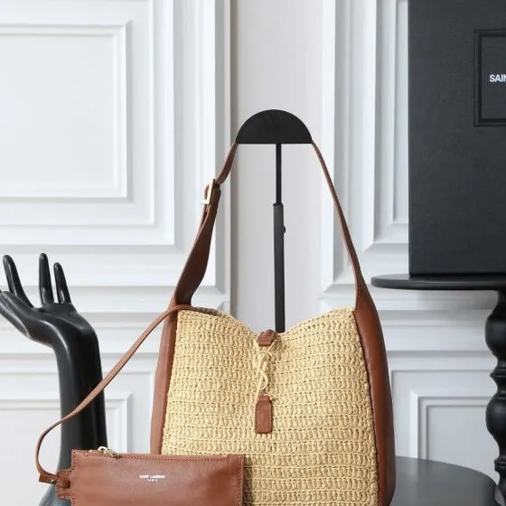 Saint Laurent Le 5 7 Apricot raffia with brown leather shoulder — 1:1 Replica