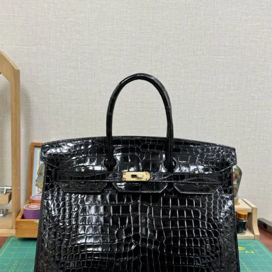 Hermes Birkin 35 Black crocodile embossed patent 35 work — Top Quality Replica