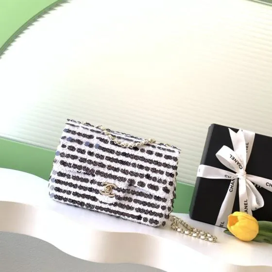 Chanel Classic Flap Black and White sequins shoulder AAA Quality Replica