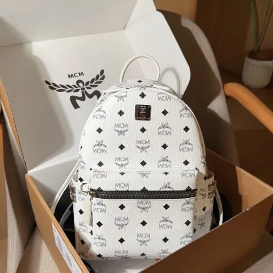 MCM Stark White Visetos 33x26x13cm backpack AAA Quality Replica