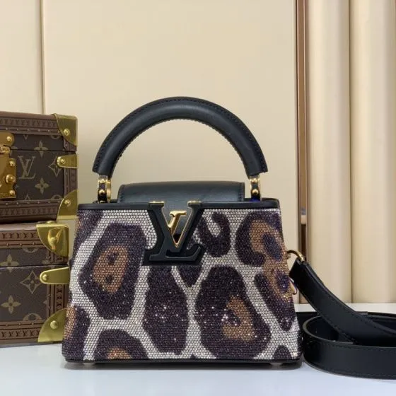 Louis Vuitton Capucines Mini Leopard print with black leather mini crossbody Top Quality Replica