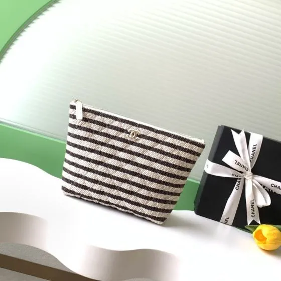 Chanel Black and White striped tweed pouch Top Quality Replica