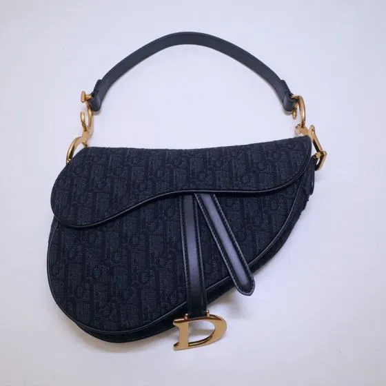 Dior Dark navy blue oblique canvas with black leather and gold hardware shoulder 1 1 Replica