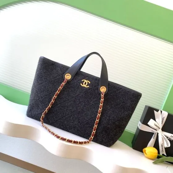 Chanel Dark gray black wool felt with black leather large tote Premium Replica