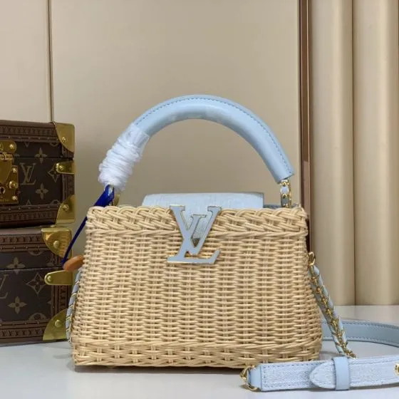 Louis Vuitton Capucines Natural wicker with light blue leather shoulder AAA Quality Replica