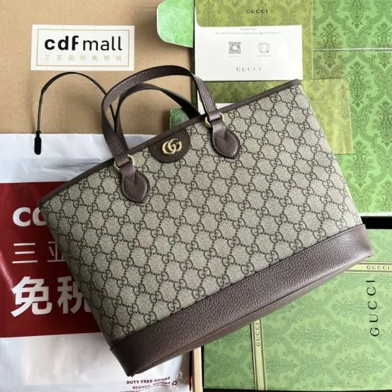 Gucci Beige Ebony GG Supreme with Brown leather tote 1 1 Replica