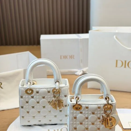 Dior Lady White with gold butterfly embroidery handbag Top Quality Replica