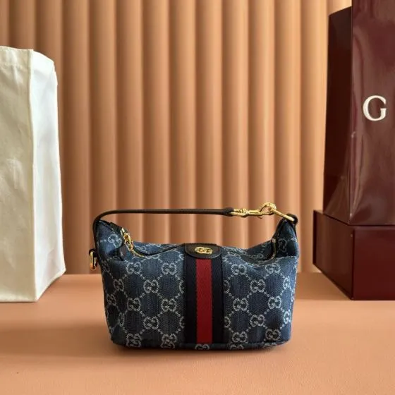 Gucci Blue denim GG with Web stripe shoulder Premium Replica