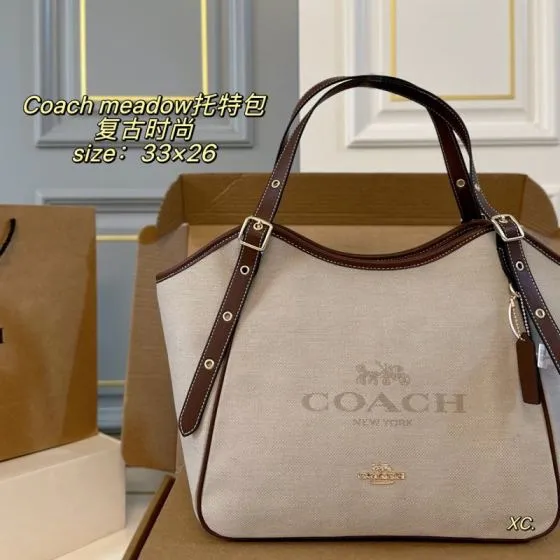 Coach Meadow Beige canvas with brown leather trim 33x26cm tote Top Quality Replica