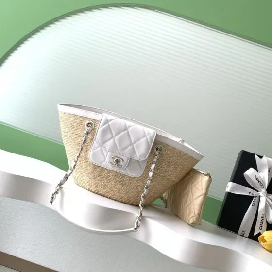 Chanel Beige straw and white leather crossbody Premium Replica
