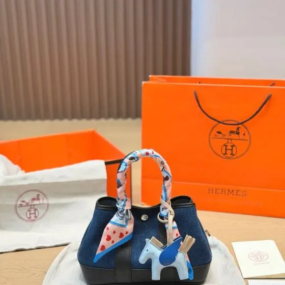 Hermes Garden Party Blue denim and Black leather everyday — 1:1 Replica