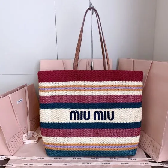 Miu Miu Multicolor striped raffia with brown leather handles 40x34x16cm tote Premium Replica