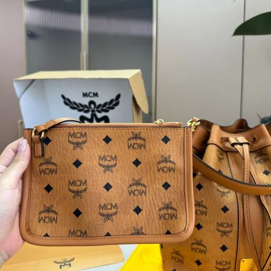 MCM Cognac Visetos 20x22x12cm bucket bag AAA Quality Replica