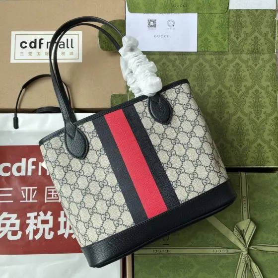 Gucci Beige Ebony GG Supreme with black and red Web black leather trim tote 1 1 Replica