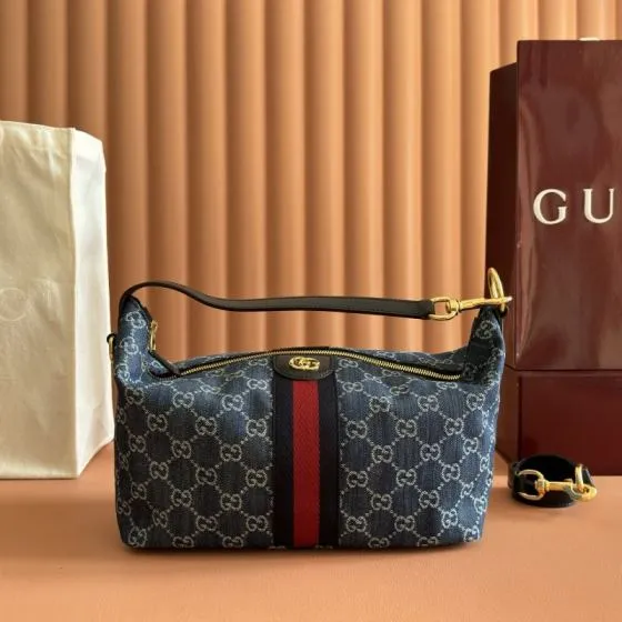 Gucci Blue GG denim with Web stripe shoulder Top Quality Replica