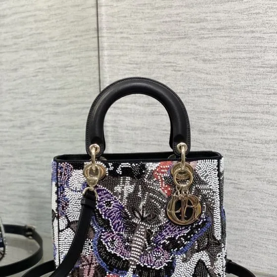 Dior Lady Multicolor beaded embroidery with black handle shoulder Premium Replica