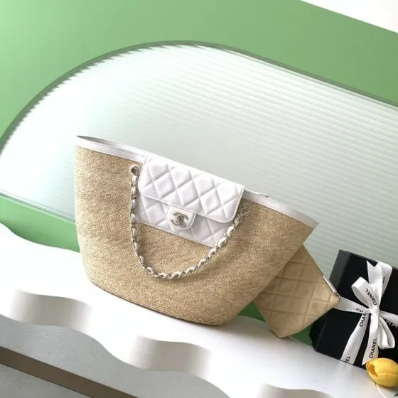 Chanel Beige straw and white leather tote AAA Quality Replica