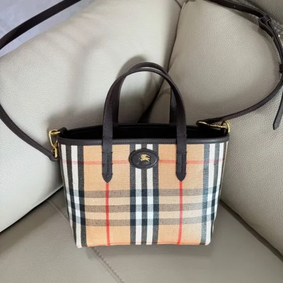 Burberry Vintage Check canvas with dark brown leather trim 22x10x20cm tote Top Quality Replica