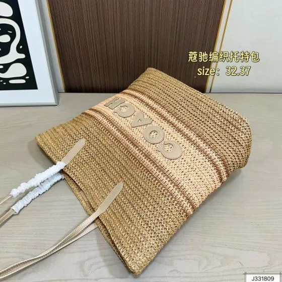 Coach Straw raffia striped natural beige brown light blue beige green 32x37cm tote 1 1 Replica