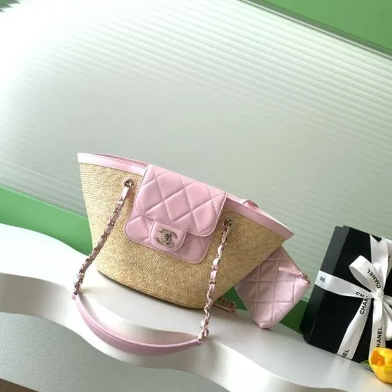 Chanel Pink and Beige Straw shoulder AAA Quality Replica