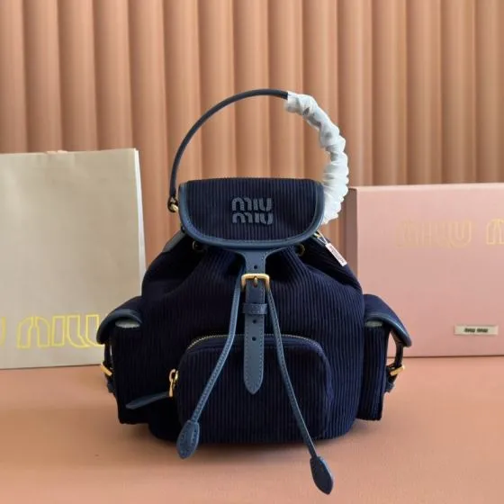 Miu Miu Navy blue corduroy 22x18x11cm backpack AAA Quality Replica