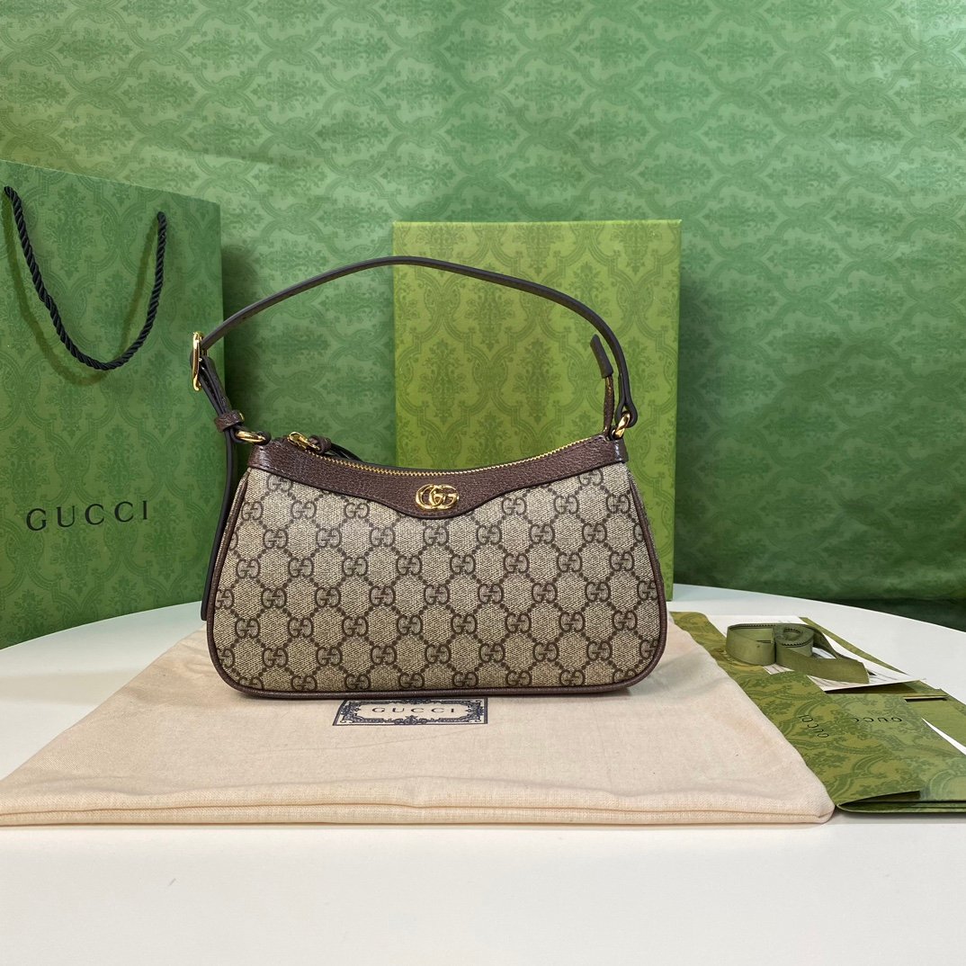 Gucci 735145 Beige Ebony GG Supreme with brown leather trim W25xH15xD6 5cm shoulder everyday