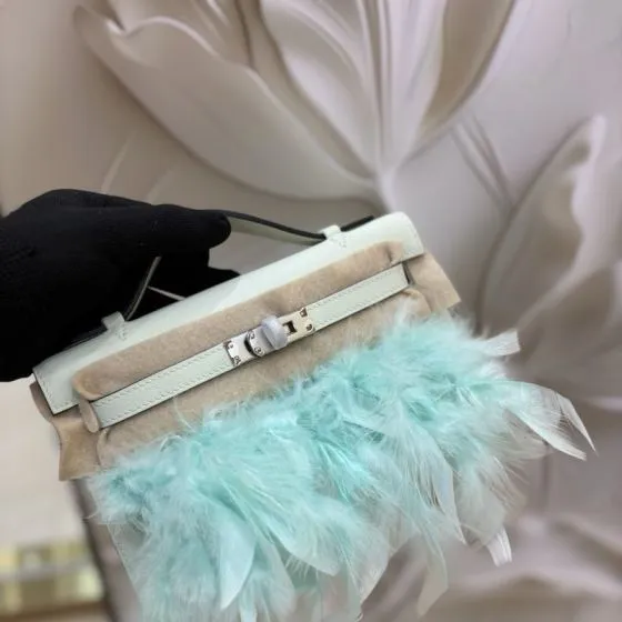 Hermes Kelly White Beige with Mint Feather Trim evening Top Quality Replica