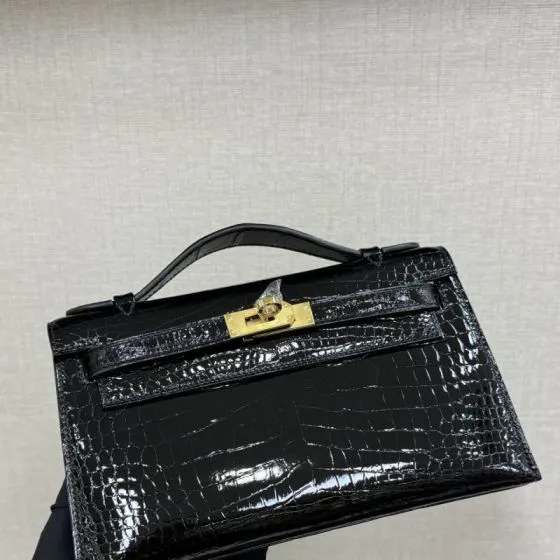 Hermes Kelly Black Crocodile 22cm evening 1 1 Replica