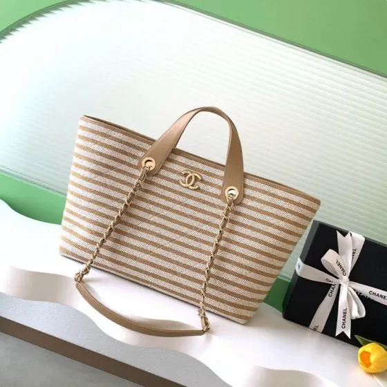 Chanel Beige White striped canvas tote Premium Replica