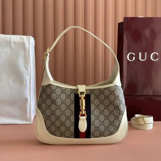Gucci Jackie 1955 Beige Ebony GG Supreme with white leather trim shoulder Premium Replica