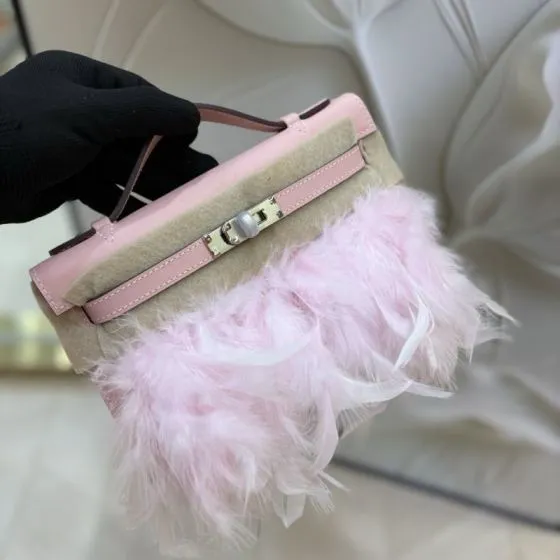 Hermes Kelly Pink Beige Feather mini evening AAA Quality Replica