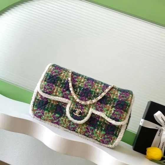 Chanel Classic Flap Green Purple tweed with white shearling trim shoulder Top Quality Replica