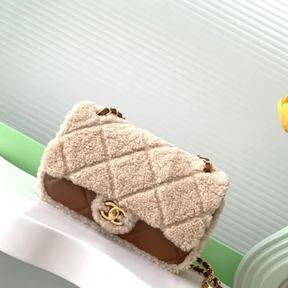 Chanel Classic Flap Beige shearling with brown leather shoulder AAA Quality Replica