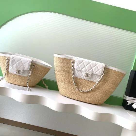Chanel Beige raffia with white leather shoulder tote 1 1 Replica