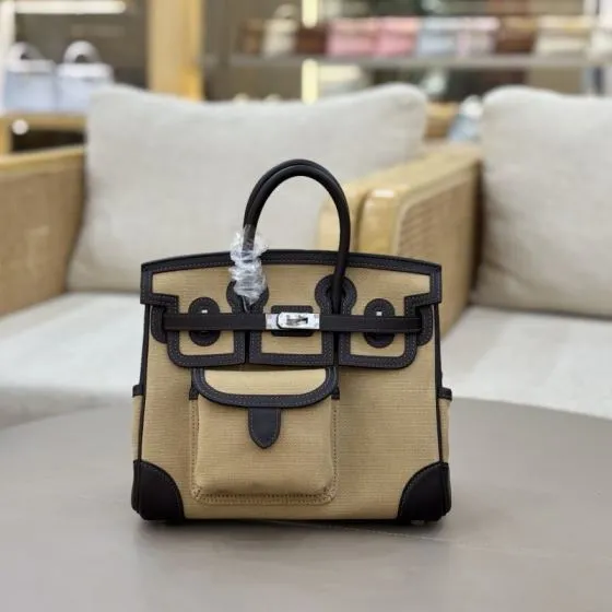 Hermes Cargo 25 Beige canvas and dark brown leather 25cm handbag — Top Quality Replica
