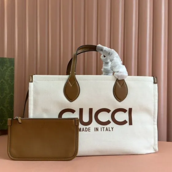 Gucci White and brown leather canvas tote Top Quality Replica