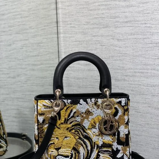 Dior Lady Black Gold White beaded embroidery shoulder Premium Replica