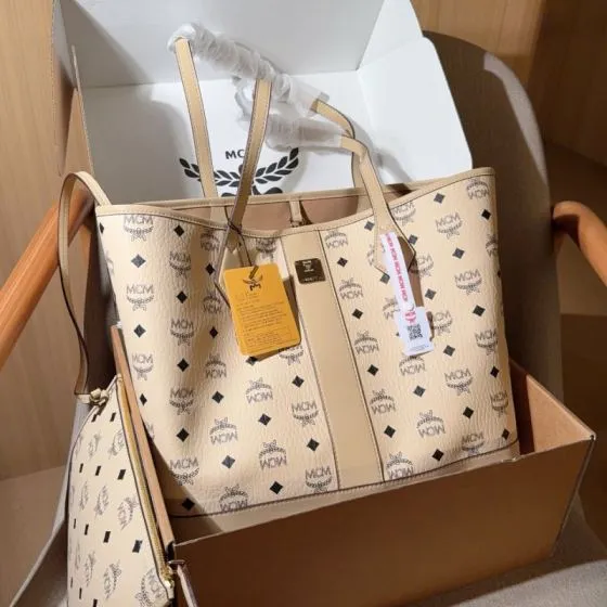 MCM Toni Beige Visetos 35x17x30cm tote Top Quality Replica