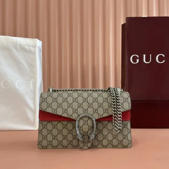 Gucci Dionysus Beige GG Supreme canvas with red suede 28x18x9cm shoulder Premium Replica