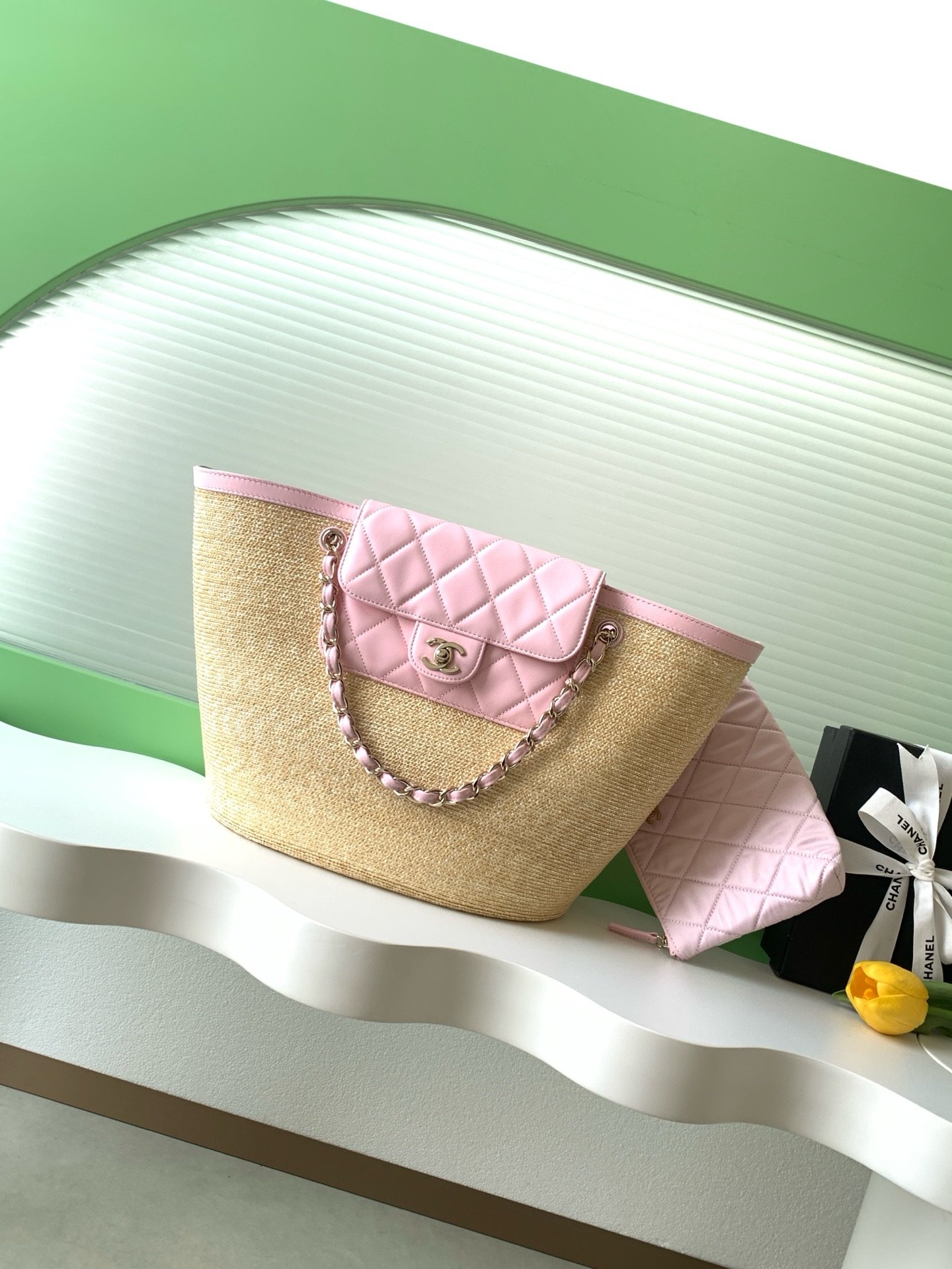 Chanel Beige straw and pink tote everyday