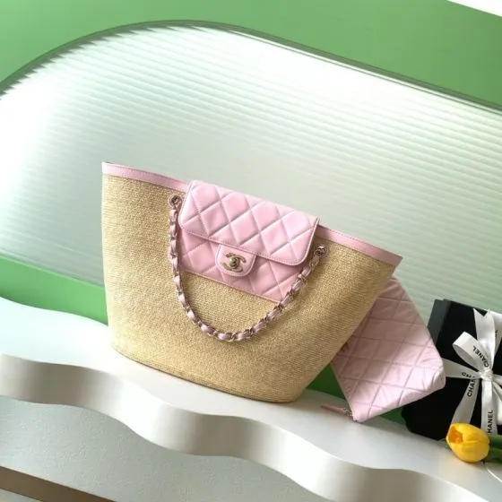 Chanel Beige straw and pink tote Top Quality Replica