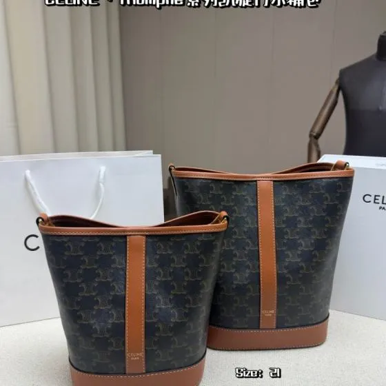 Celine Triomphe Triomphe Canvas with Brown Leather Trim 21x23x13cm bucket bag Top Quality Replica