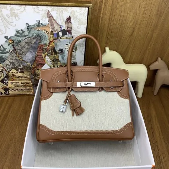 Hermes Birkin Natural canvas and brown leather work — Top Quality Replica