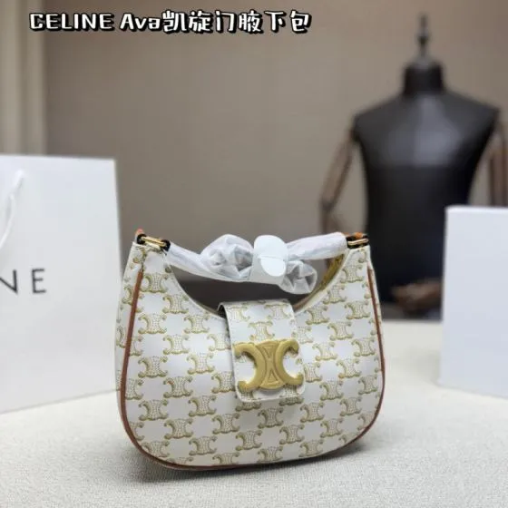 Celine Ava White Triomphe Canvas Tan Triomphe Canvas 23x14cm hobo bag Top Quality Replica