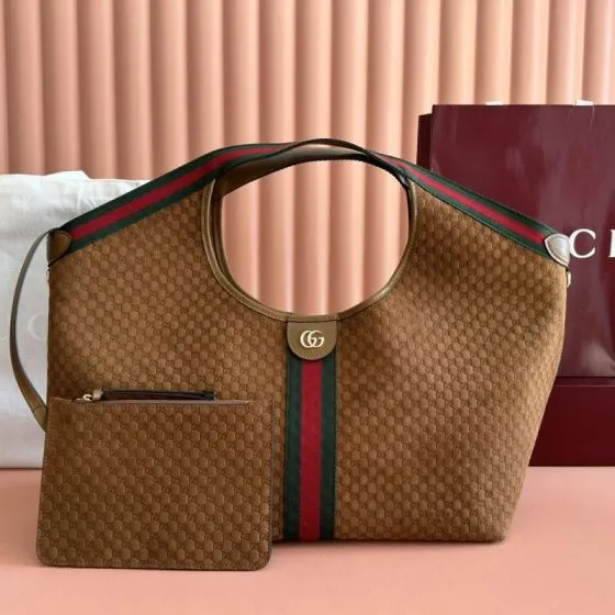 Gucci Giglio Brown GG canvas with green-red-green stripe tote 1 1 Replica