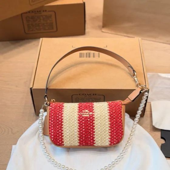 Coach Nolita 19 Red beige striped woven with tan leather trim 19x11cm shoulder bag Top Quality Replica